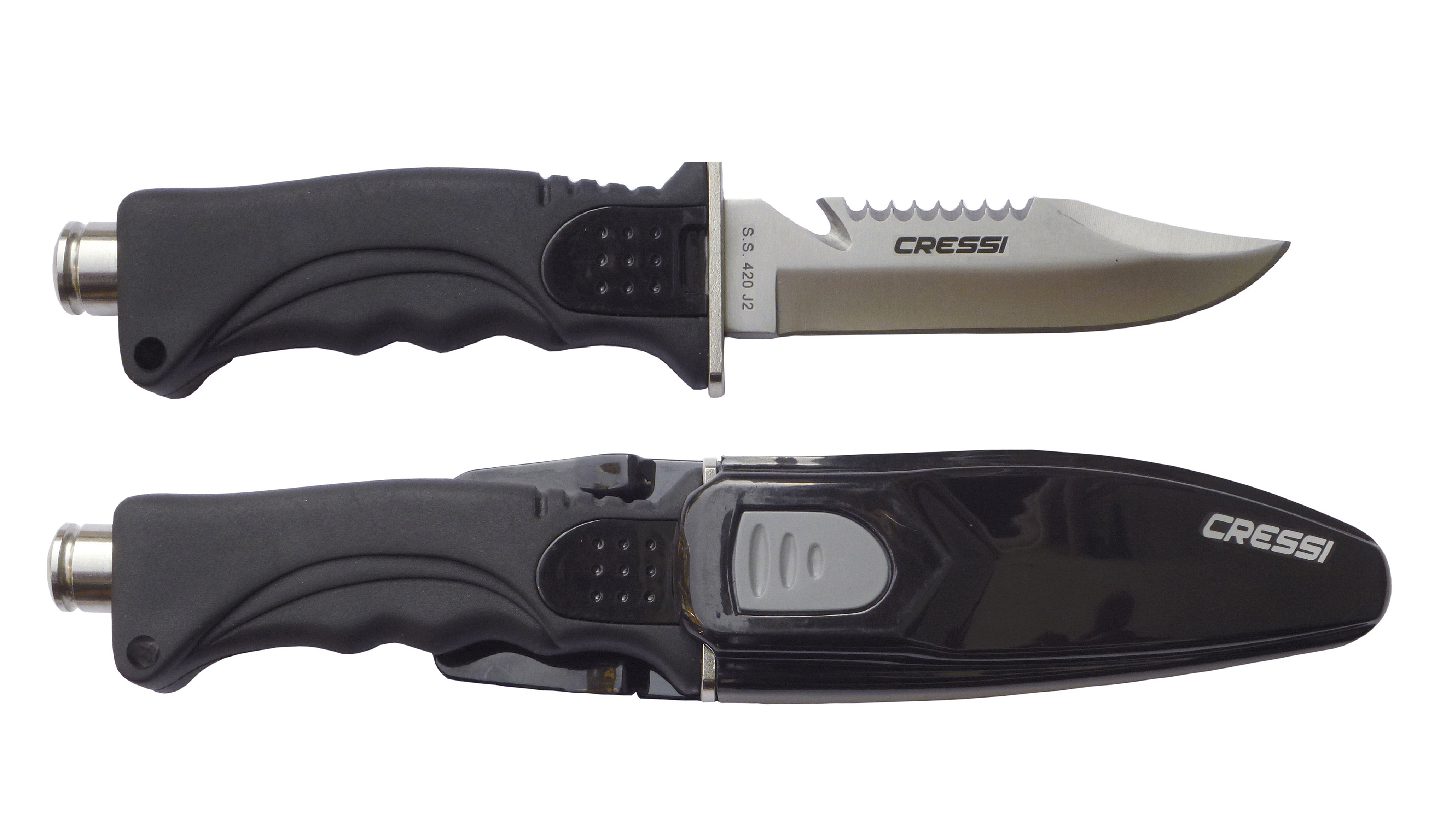 cuchillo de buceo skorpion de cressi - hoja de acero inoxidable templado, empuñadura anatómica soft grip y sistema de enganche rápido